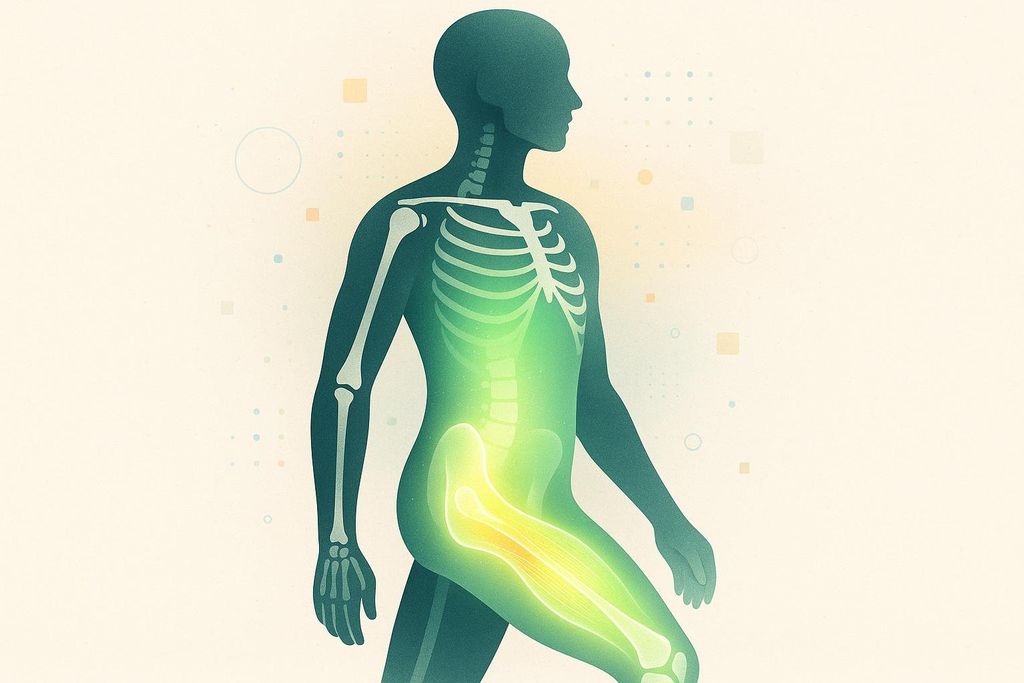 An abstract illustration of a human silhouette with an outline of the skeleton and highlighted internal structures in gradients of green and yellow, representing muscle and bone data.