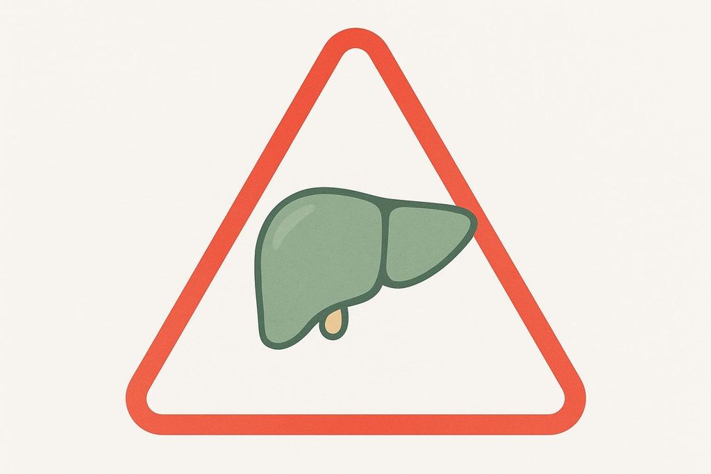 An illustration of a green human liver inside a red triangular warning sign, indicating a risk or caution related to liver health.