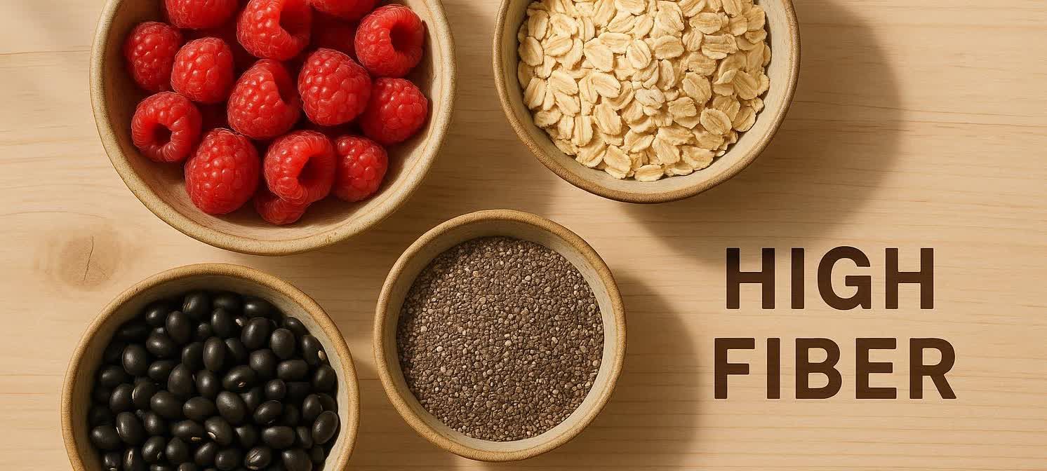 An overhead view of high-fiber foods: raspberries, oats, black beans, and chia seeds in individual ceramic bowls, arranged on a light wooden surface. The words 'HIGH FIBER' are written in bold brown letters on the right side of the image.