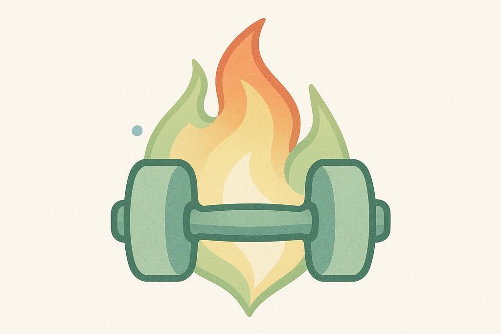 A stylized green dumbbell is silhouetted against an abstract flame icon with shades of yellow, orange, and green, suggesting calorie burn and intense exercise. The illustration has a slight textured appearance.