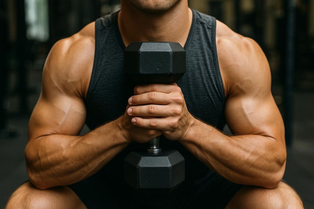 Close-up of an athlete holding a dumbbell for a goblet squat. The athlete's muscular shoulders and arms are visible.