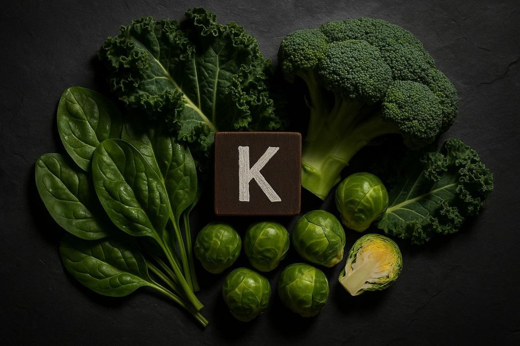 A flat lay image of various green vegetables rich in Vitamin K, including a bunch of spinach, kale, broccoli, and Brussels sprouts. A wooden block with the letter 'K' is placed in the center.