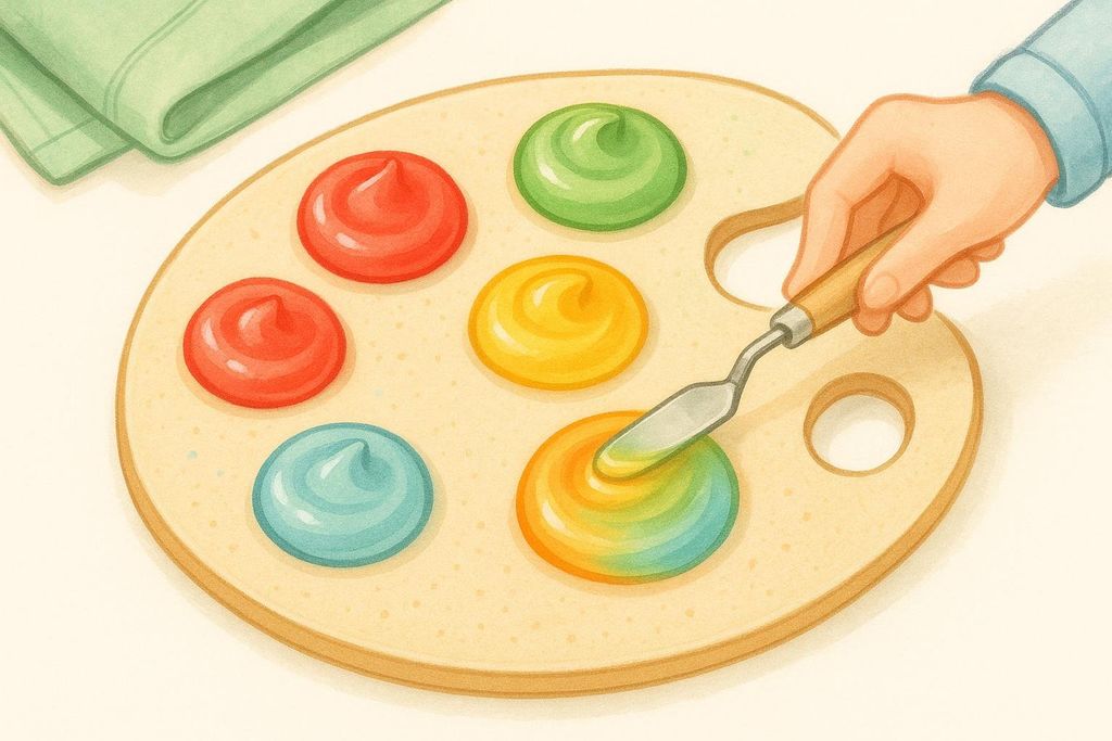 A stylized illustration of an artist's wooden palette with dabs of red, green, yellow, and blue gels. A hand holds a metal spatula, mixing yellow and blue gels to create a green and orange swirl.