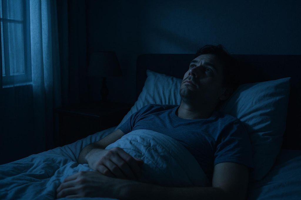 A man lies awake in bed at night, staring up at the dark ceiling. He appears to be thinking or struggling with insomnia. The room is dimly lit by a faint light from a window and a small lamp.