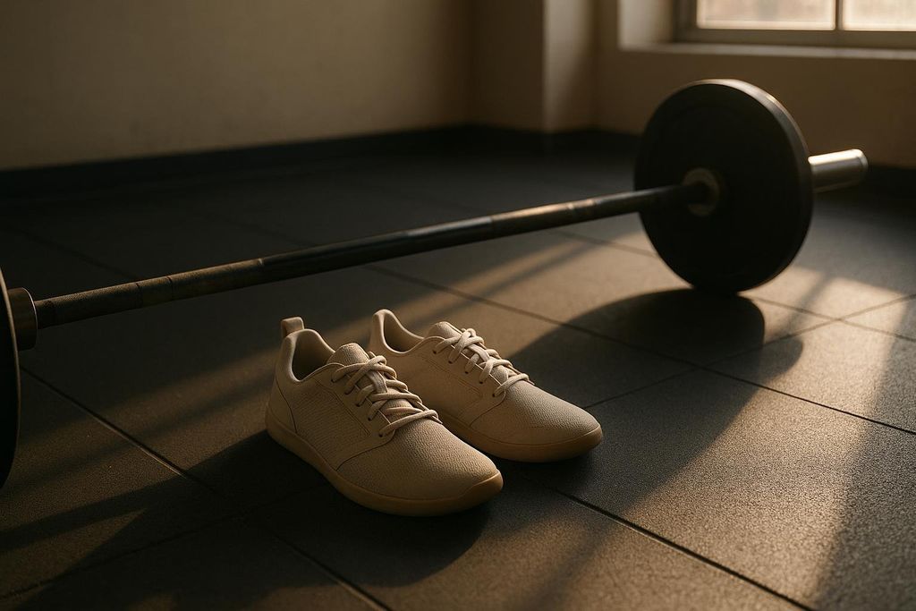 A pair of flat-soled, minimalist tan lifting shoes rests on a dark gym floor next to a barbell with a weight plate, bathed in soft, warm light from a nearby window.