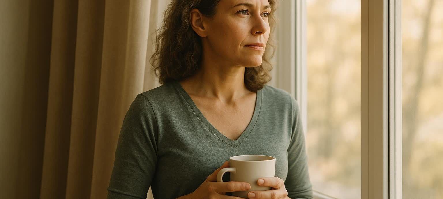 A woman in a green shirt looking thoughtfully out a window, holding a light-colored mug.