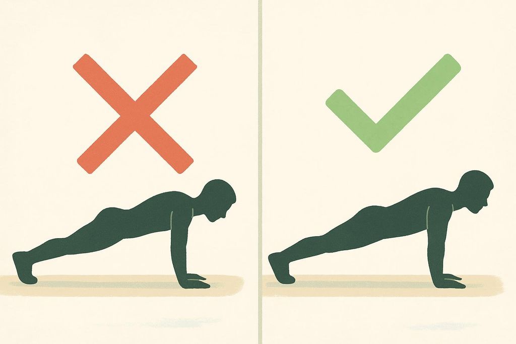 An illustration comparing incorrect push-up form with a swayed back on the left, marked with a red 'X', to correct form with a straight body line on the right, marked with a green checkmark.