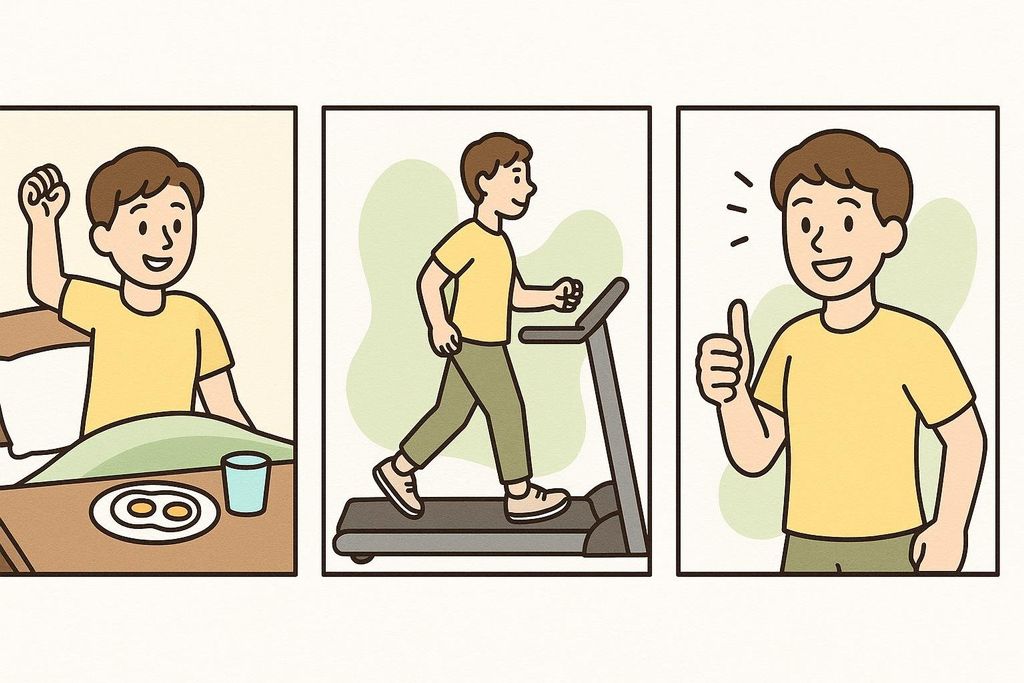 An illustration showing three panels: in the first, a person with raised arm sits up in bed next to a plate with two fried eggs and a glass of water. The second panel shows the person walking on a treadmill. The third panel shows the person smiling and giving a thumbs-up, with lines above their head indicating a positive feeling. This visualizes the 30/30/30 rule's steps of consuming protein, followed by steady-state cardio, leading to positive results.