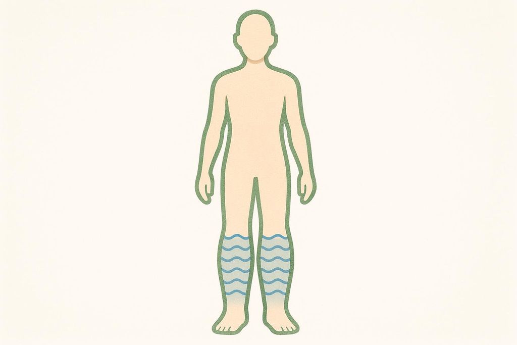An abstract illustration of a human body, outlined in green, with the lower half of both legs filled with calm, horizontal blue wavy lines, suggesting a state of relaxation or hydration.