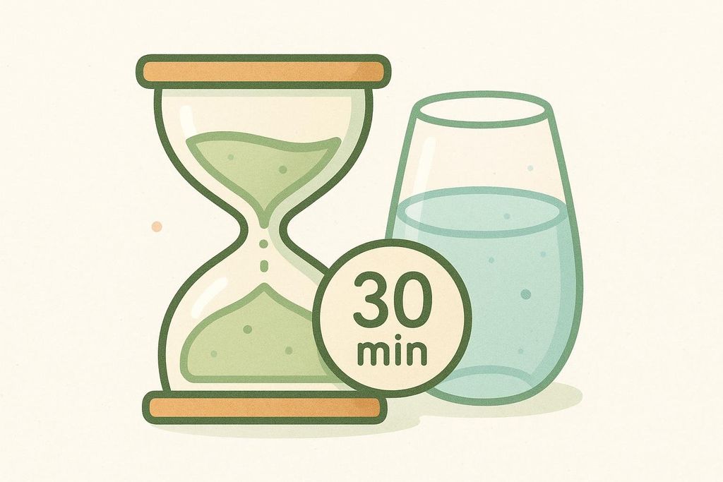 Illustration of an hourglass with green sand, a glass of water, and a circle with '30 min' written inside, indicating a 30-minute time frame for liquid consumption. The image has a subtle textured effect.