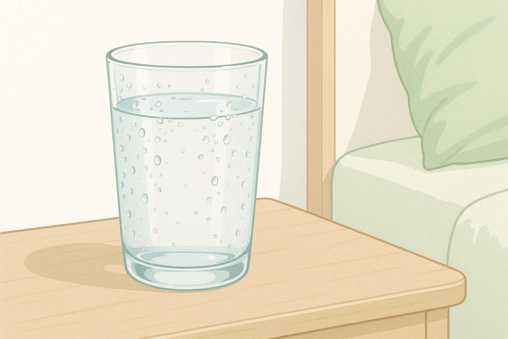 An illustration of a glass of clear water with condensation on the side, sitting on a wooden nightstand next to a bed with a light green pillow. The water has many small bubbles in it.