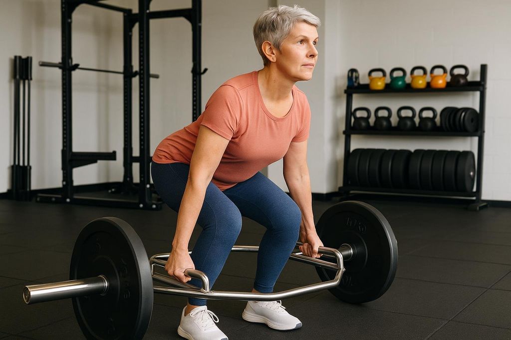 An older adult woman performs a trap-bar deadlift in a gym.