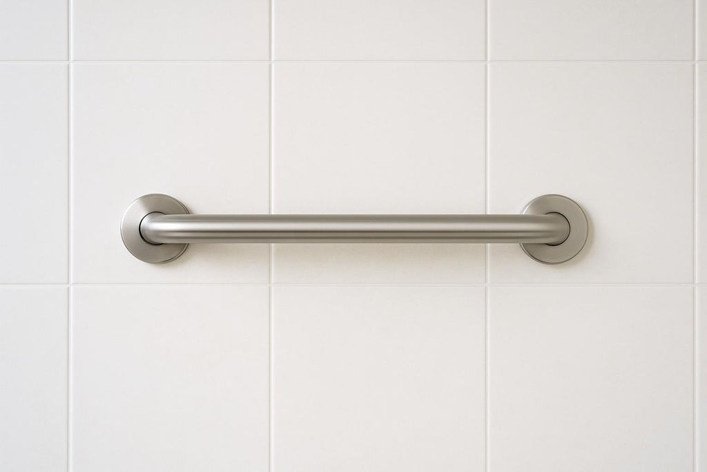 A modern, brushed chrome grab bar is installed horizontally on a white tiled bathroom wall. This image shows an example of a home modification for safety, particularly useful for individuals with conditions like sarcopenia.