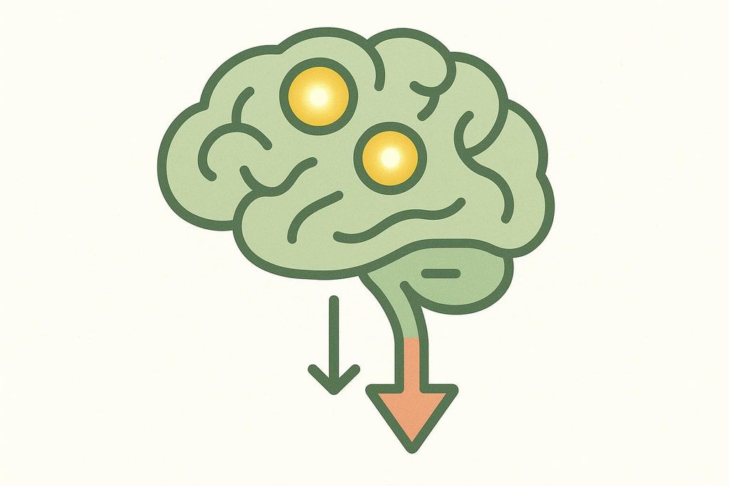 An illustration of a green brain with two glowing yellow spots representing neurotransmitters. From the brain stem, an orange arrow points downward, symbolizing the flow of neural signals or information.