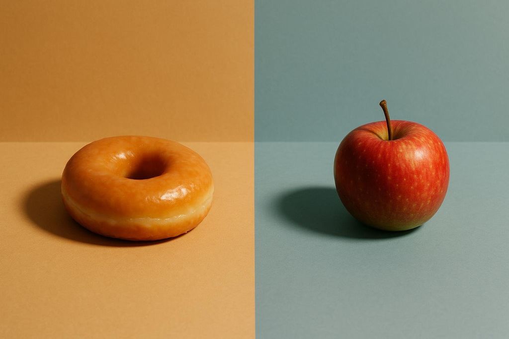 A glazed donut sits on a warm tan background, contrasted with a red apple on a cool blue-gray background.