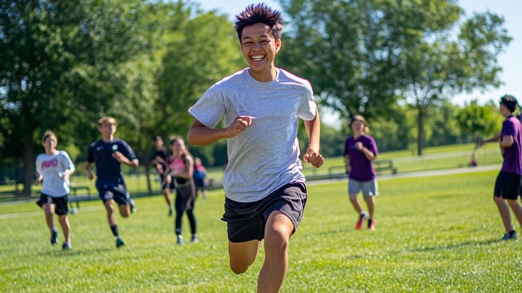 A young person smiles while running towards the camera in a park with other people in the background.