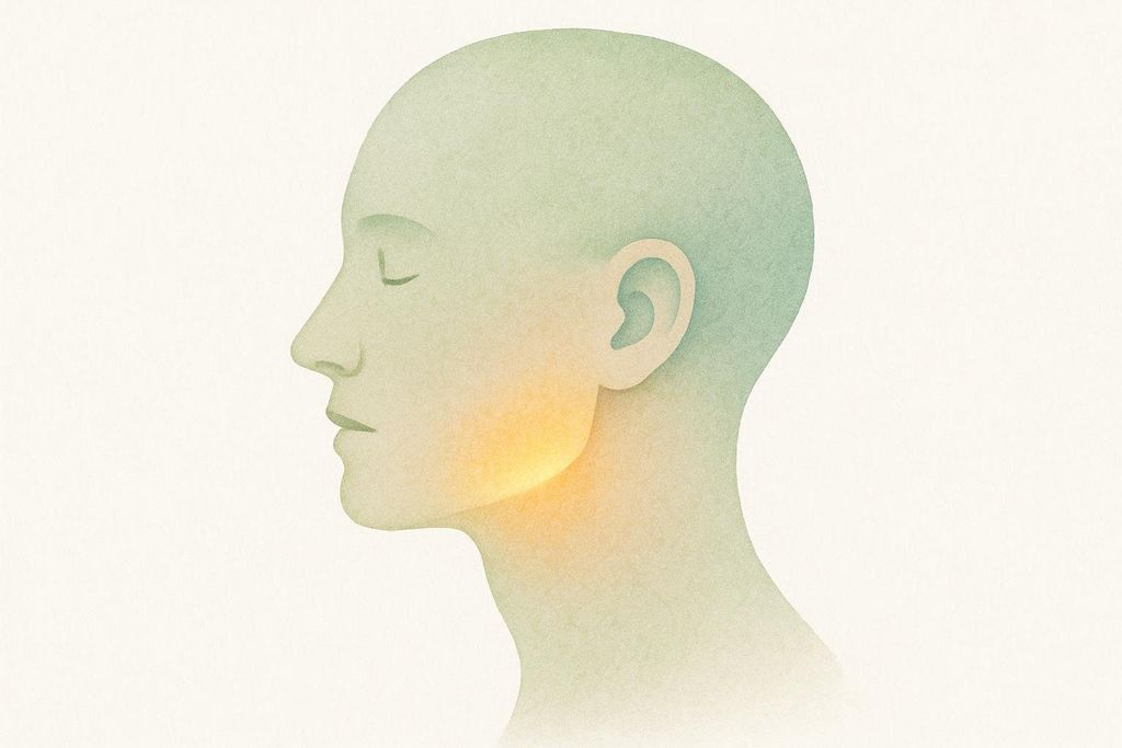 An abstract profile illustration of a human head, colored in hues of green and blue, with a bright orange glow highlighting the jawline area, indicating muscle tension or pain in that region.