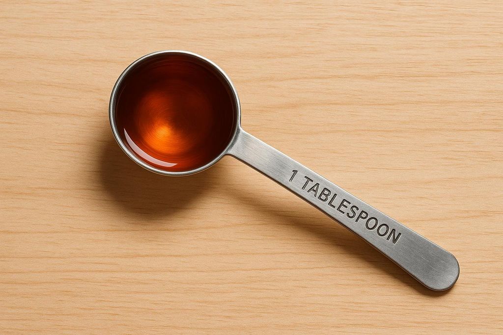 A metal tablespoon measuring spoon, labeled '1 TABLESPOON', is filled with amber-colored agave syrup. The spoon rests on a light wood surface.