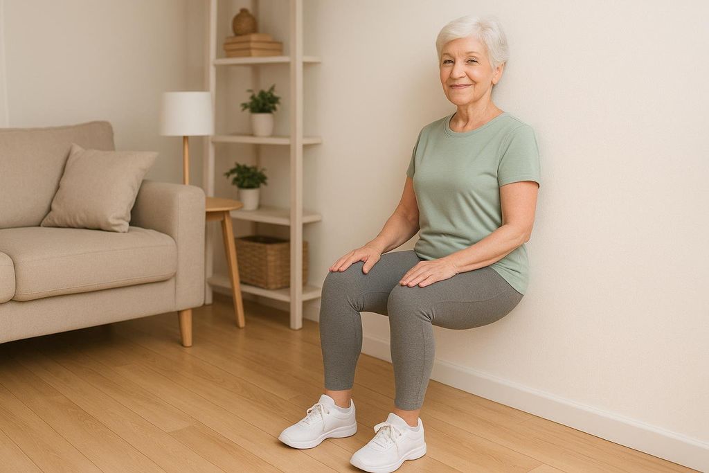 An active senior woman with white hair smiling at the camera while performing a gentle wall sit exercise in a brightly lit living room at home. She is wearing a light green t-shirt, grey leggings, and white sneakers.