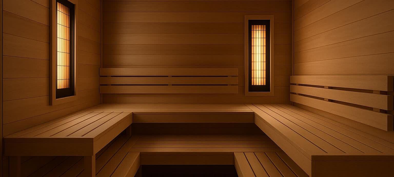 Sleek interior of a modern infrared sauna with glowing panels, conveying a calm, contemporary feel.