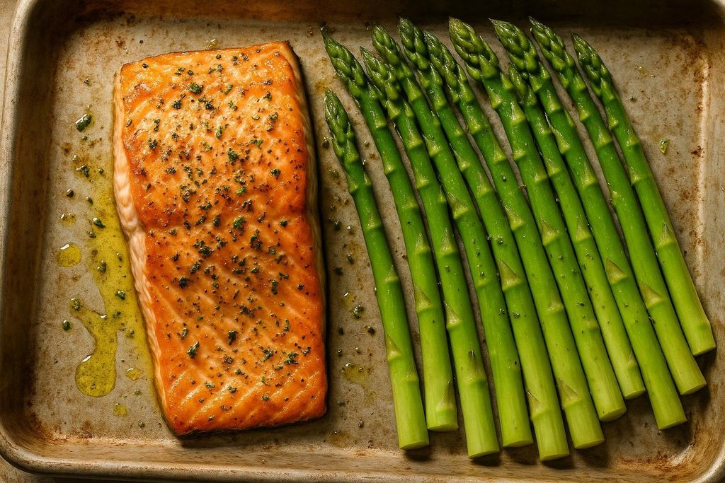 A close-up, overhead view of a baked salmon fillet seasoned with herbs and a row of vibrant green asparagus spears, all cooked on a single, well-used metal baking sheet.