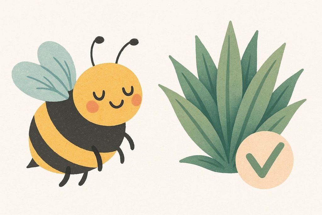 An illustration features a cute, friendly bee looking towards an agave plant with a green checkmark indicating it is a vegan choice, contrasting with honey from bees.