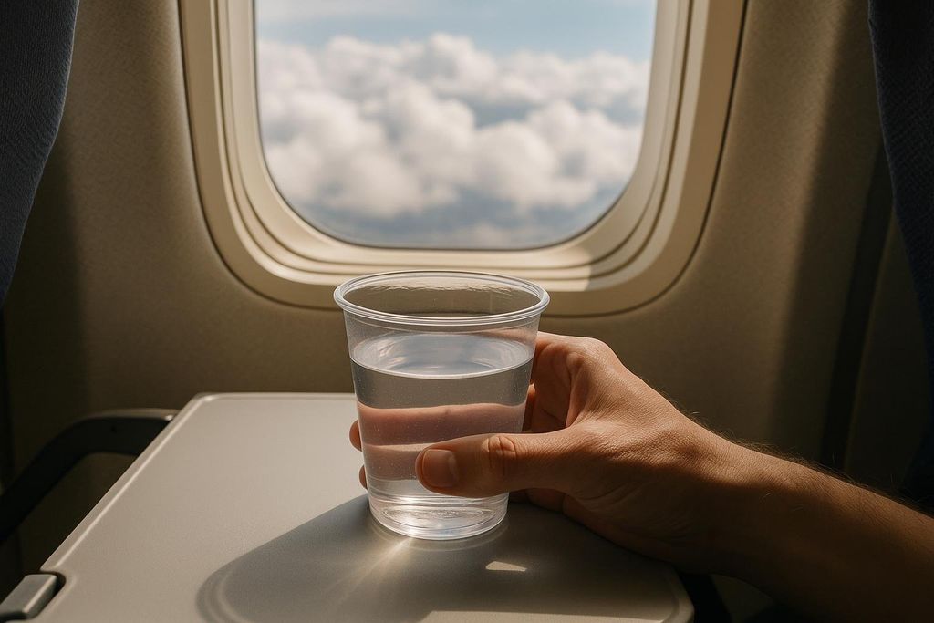 A person's hand holding a clear plastic cup of water, resting on a pull-down tray table in an airplane. Through the window, fluffy white clouds are visible against a blue sky, illustrating the importance of hydration during a flight.