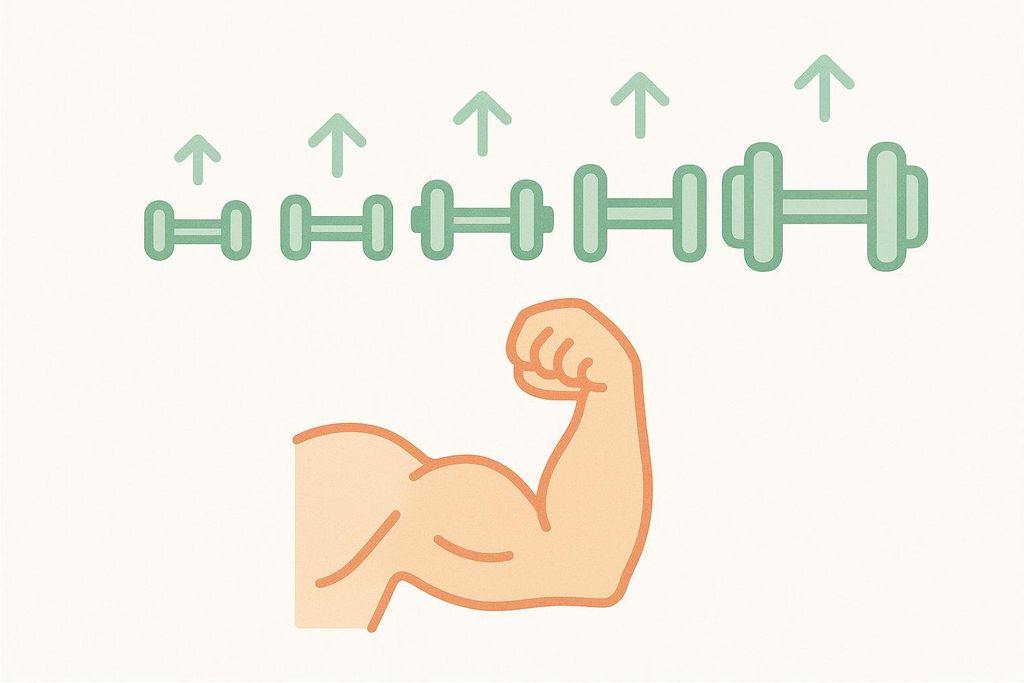An illustration showing dumbbells of progressively increasing size, with arrows pointing up over each, and a flexed bicep muscle below. This symbolizes progressive overload in weight training for muscle hypertrophy.