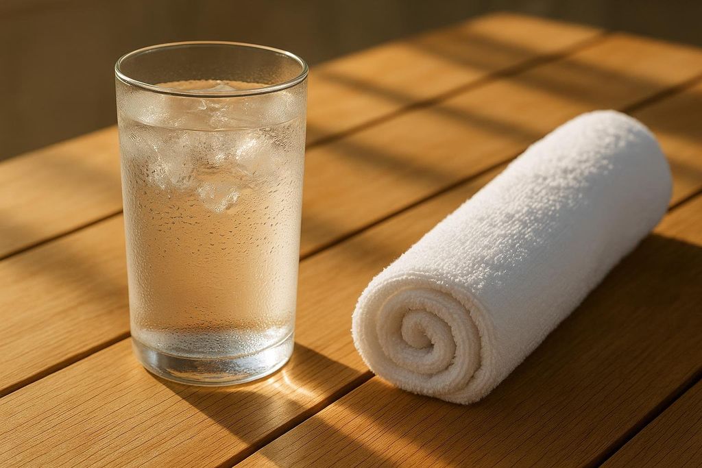 A close-up shot of a glass of cold water with ice and condensation on its surface, placed next to a rolled-up white towel on a light brown wooden slatted table.