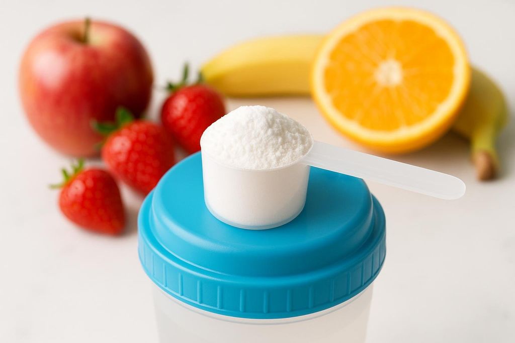 A white scoop filled with creatine powder rests on the blue lid of a shaker bottle. In the background, out of focus, are an apple, strawberries, bananas, and a sliced orange.