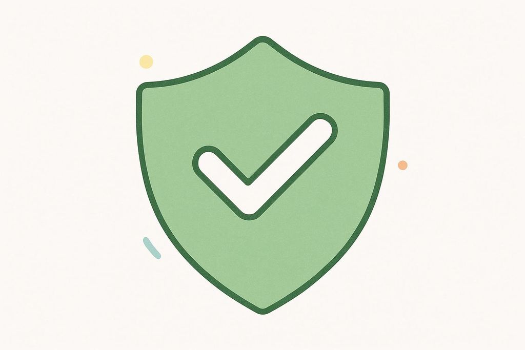 A stylized green shield with a white checkmark in the center, symbolizing safety, security, and approval. Small light yellow, orange, and blue design elements are scattered around the shield on the light background.