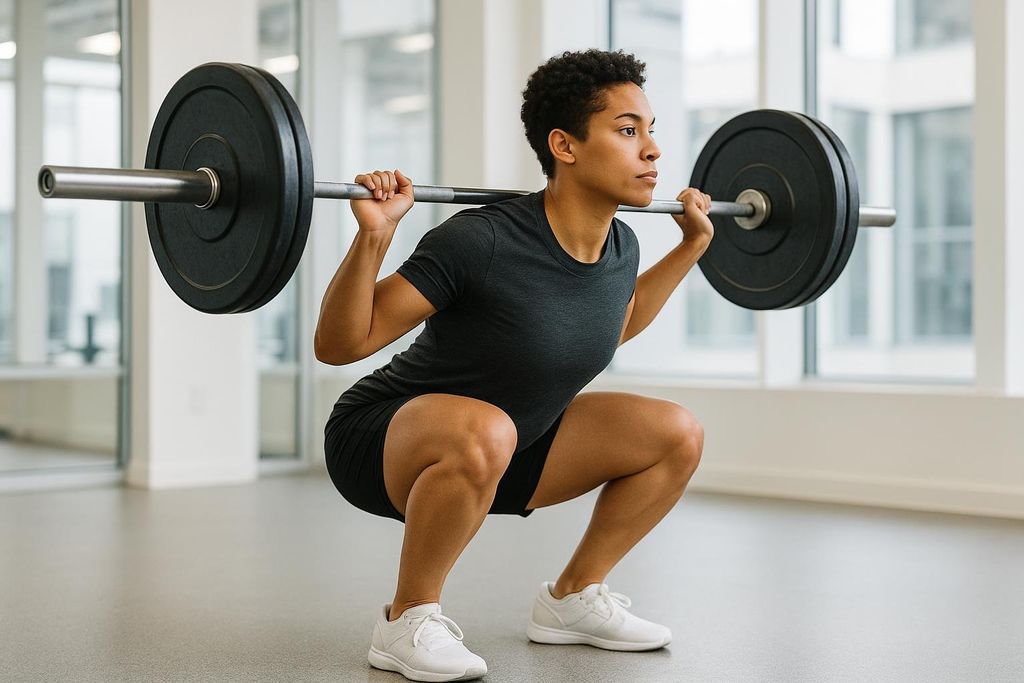 An athlete demonstrating excellent form during a barbell squat. The young woman, wearing black workout gear and white shoes, is in the lowest part of the squat, holding the barbell across her upper back. Her gaze is straight ahead, and large windows are visible in the background.