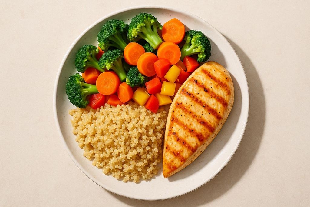 A white plate with grilled chicken breast, steamed broccoli florets and sliced carrots, and a serving of quinoa.