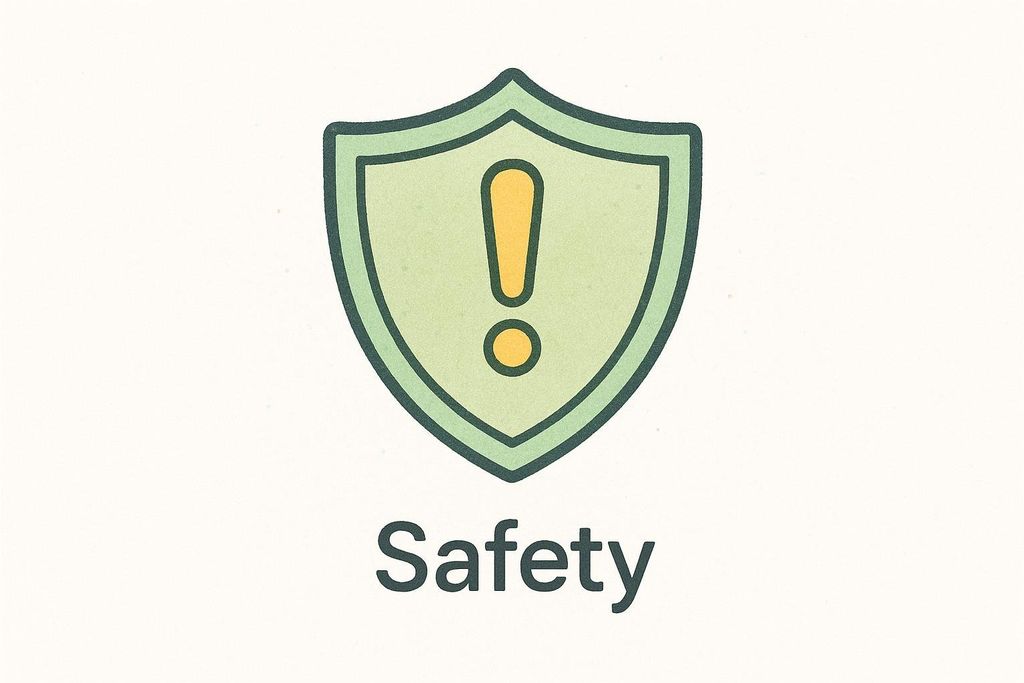A light green shield icon with a yellow exclamation mark inside it, and the word 'Safety' written below the shield.