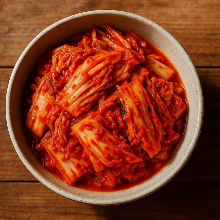A close-up, overhead shot of a bowl of red kimchi on a wooden table. The kimchi is made of napa cabbage pieces coated in a vibrant red spicy sauce.