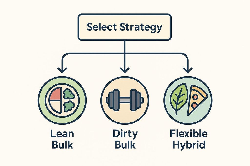 A decision diagram titled "Select Strategy" showing three options: Lean Bulk (represented by a plate of healthy food), Dirty Bulk (represented by a dumbbell), and Flexible Hybrid (represented by a leaf and a slice of pizza).