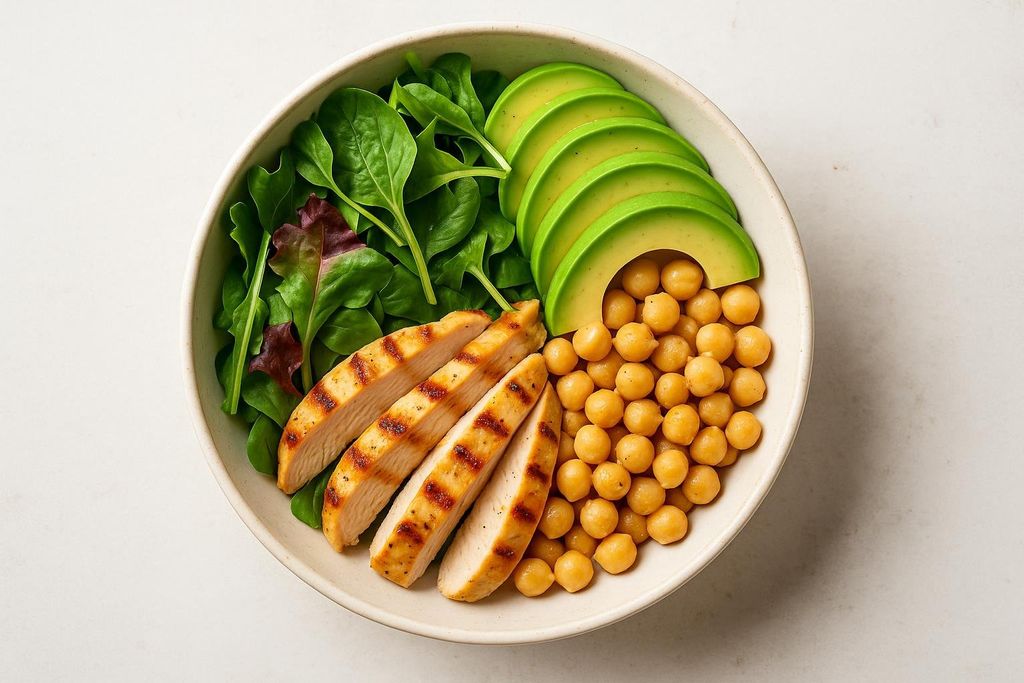 A close-up, top-down view of a healthy meal in a bowl, featuring grilled chicken slices, fresh green salad, neatly sliced avocado, and a pile of chickpeas.