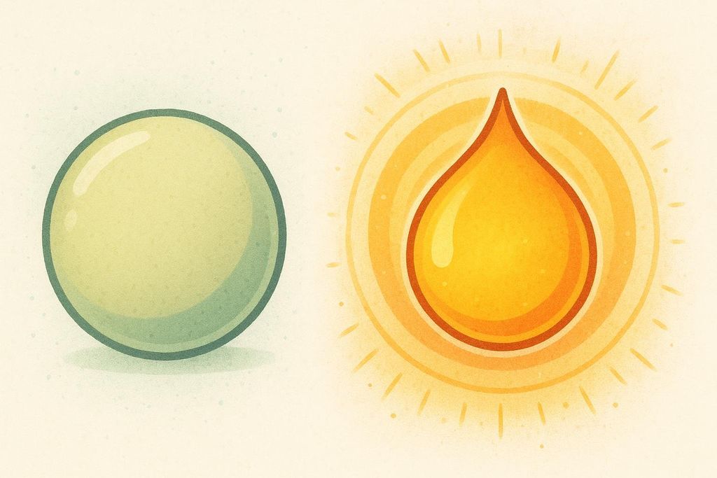 An abstract illustration comparing a biologically inactive white fat cell (represented as a cool-toned sphere) to an active, heat-generating brown fat cell (represented as a warm-toned droplet emitting heat waves).