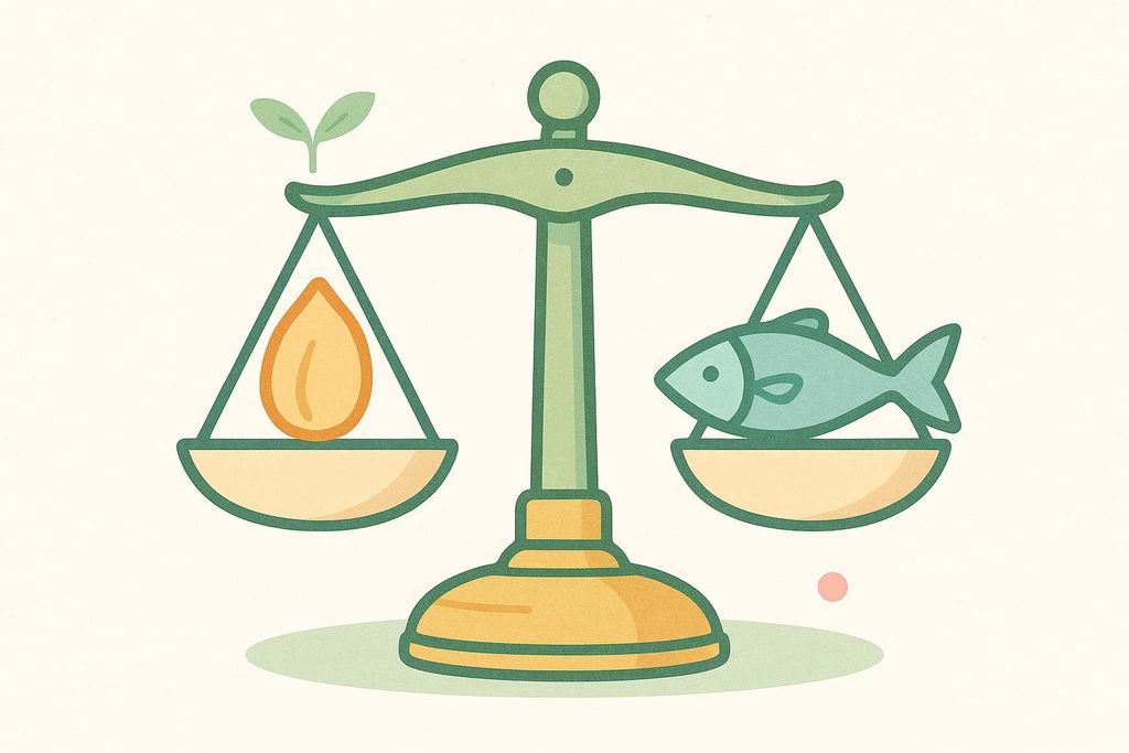 An illustration of a balance scale with a droplet of oil and a small plant on one side, and a fish on the other, symbolizing dietary balance between different fat sources, specifically plant-based fats and fish.