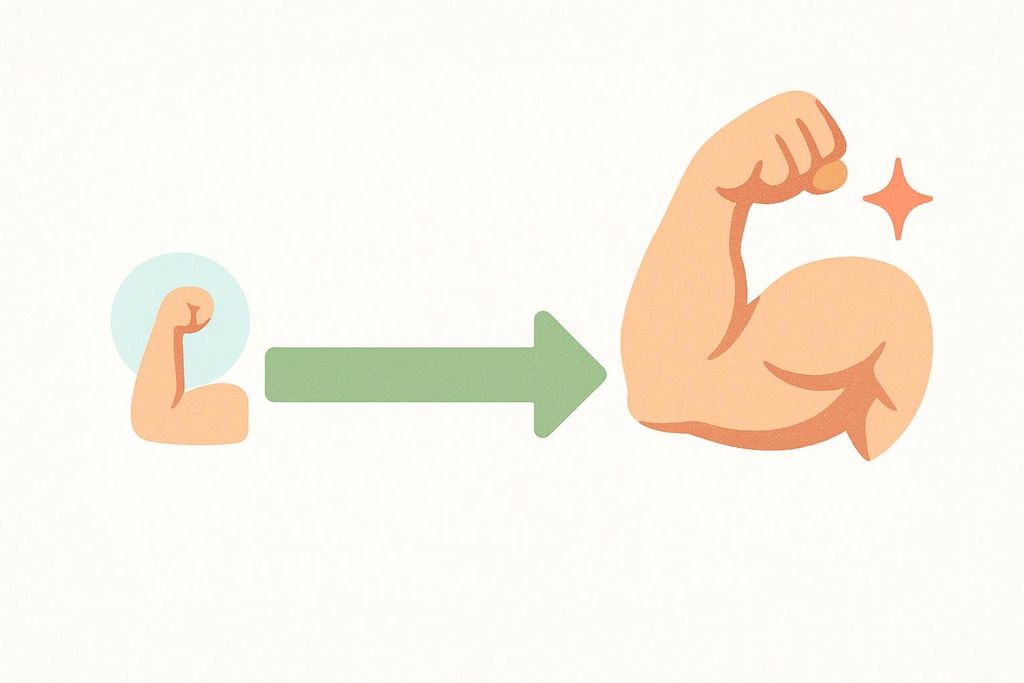 Illustration showing a progression timeline where a small, thin forearm at the start grows into a larger, muscular forearm at the end, indicating strength gain or development.