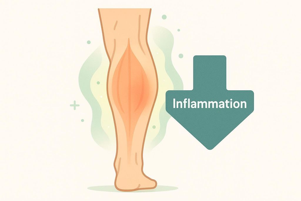 An illustration showing a human calf muscle with a red inflamed area. A large arrow points down towards the word 'Inflammation', suggesting a reduction of inflammation.