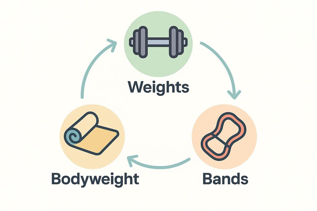 A circular diagram showing three types of strength training: Weights, Bodyweight, and Bands, with arrows indicating a continuous cycle between them. Each type is represented by an icon: a dumbbell for Weights, a yoga mat for Bodyweight, and a resistance band for Bands.