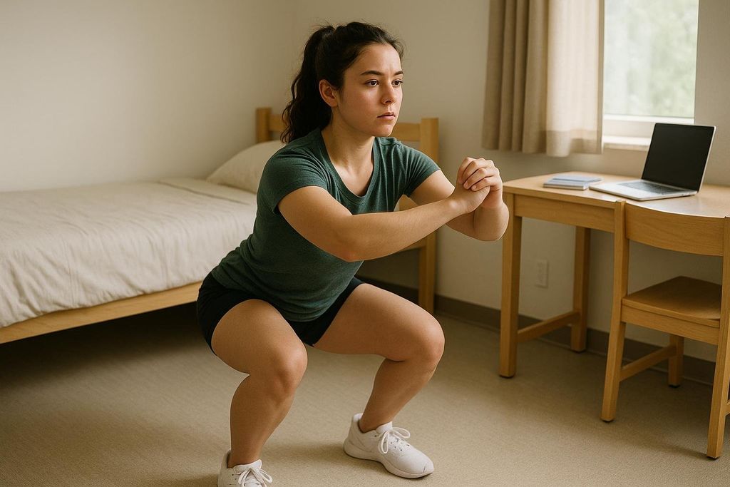 A student doing bodyweight squats in her dorm room, showing how easy it is to incorporate strength training without equipment.