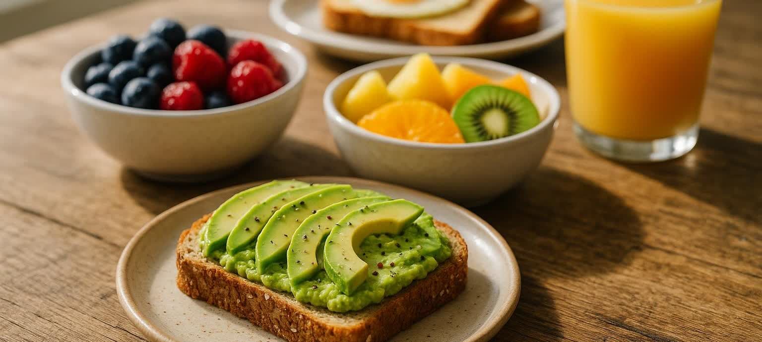 A healthy weekend brunch spread on a wooden table, featuring avocado toast with pepper, bowls of mixed berries and sliced fruit (kiwi, orange, pineapple), and a glass of orange juice. In the background, another piece of toast with a fried egg is visible.