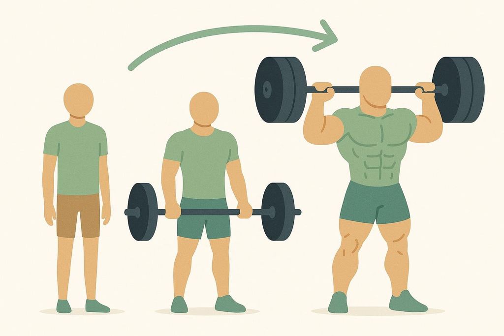 An illustration showing three figures with increasing muscularity from left to right, demonstrating how muscle potential changes with training age from beginner to advanced. The first figure is thin, the second holds a barbell, and the third is heavily muscled, lifting a barbell overhead.
