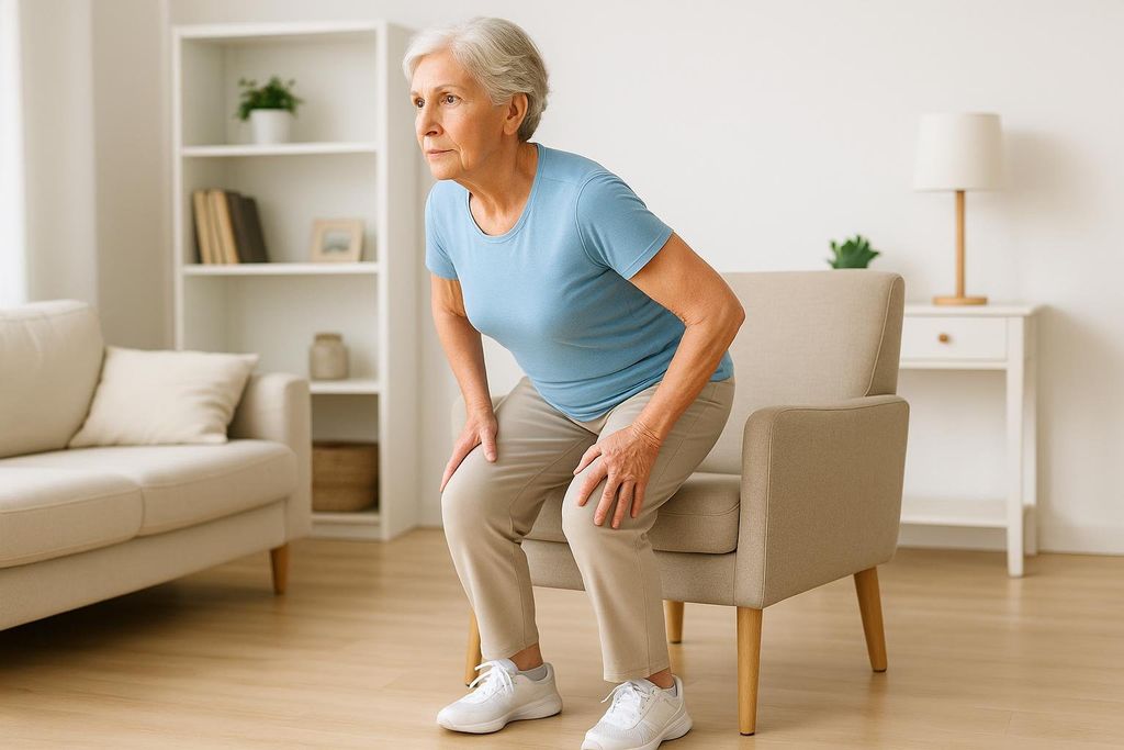 An older woman with short gray hair and a blue shirt demonstrates a sit-to-stand exercise in a living room, leaning forward with her hands on her knees, showcasing good form for a beginner balance program.