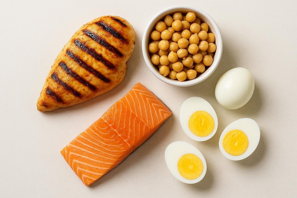 A flat lay arrangement of protein-rich foods including grilled chicken breast, chickpeas in a white bowl, raw salmon fillet, and whole and halved hard-boiled eggs.