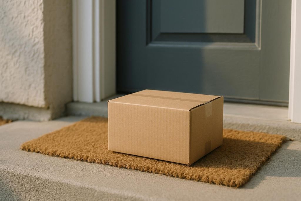 A brown cardboard shipping box sits on a brown coir doormat on a concrete step in front of a dark gray front door.