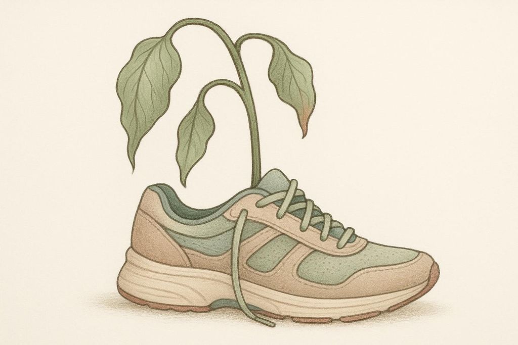 An illustration of a wilted plant growing from a running shoe, symbolizing athletic burnout and fatigue.