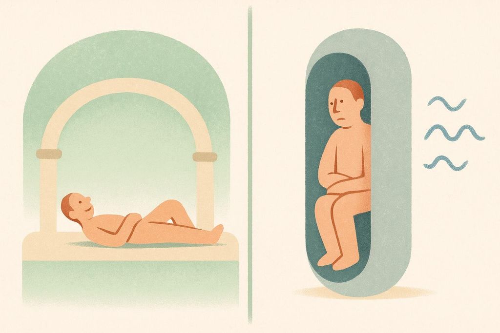 Illustration comparing the comfortable experience of a DEXA scan with a person lying down comfortably versus the enclosed and loud experience of an MRI scan with a person sitting uncomfortably in a confined space.
